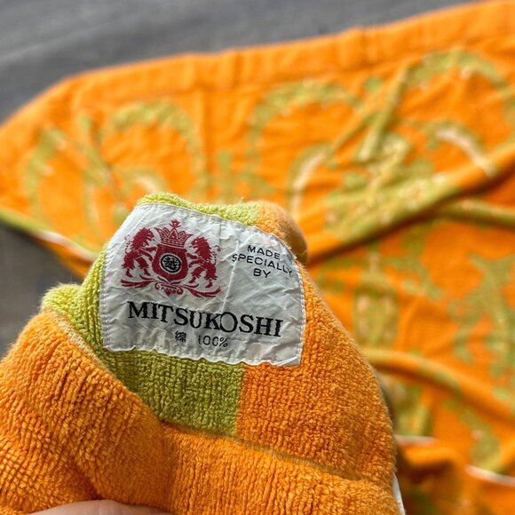 Vtg 70s Mitsukoshi Neon Orange Green Damask Terrycloth Beach Towel Blanket 52x66 - Picture 8 of 8